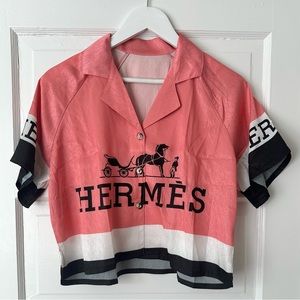 NWOT - HERMÈS Logo Satin Oversized Cropped Button Down